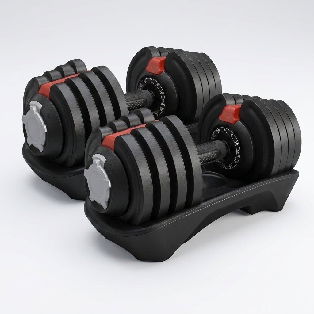 12-In-1 Quick Adjust Dumbbell Set for Home Gym, Set of 2, Black/Red — Studio Shot