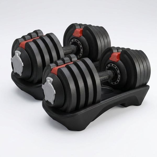 12-In-1 Quick Adjust Dumbbell Set for Home Gym, Set of 2, Black/Red — Studio Shot