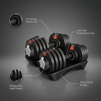 12-In-1 Quick Adjust Dumbbell Set for Home Gym, Set of 2, Black/Red — infographic