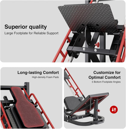 Leg Press Hack Squat Machine Combo for Home Gym, Adjustable Leg Press Machine for Full Lower Body Workout, Upgraded Leg Press with Transport Wheels and Weight Storage,Weight Plates Not Included