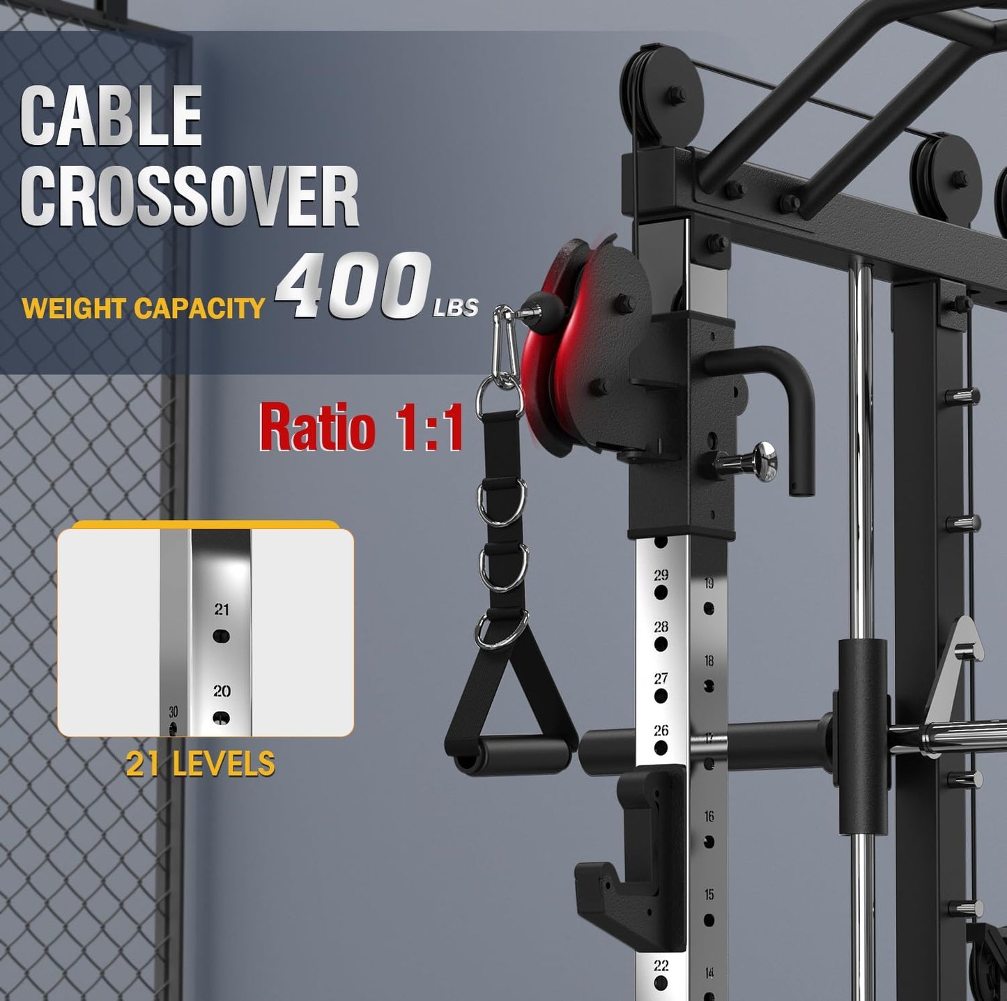 Smith Machine with Weight Stacks Home Gym System Dual Cable Crossover | Ratio 1:1 Dual Weight Stacks, Solid Smith Bar, Lat Pull down Bench, All in One Workout Station