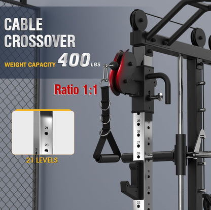 Smith Machine with Weight Stacks Home Gym System Dual Cable Crossover | Ratio 1:1 Dual Weight Stacks, Solid Smith Bar, Lat Pull down Bench, All in One Workout Station