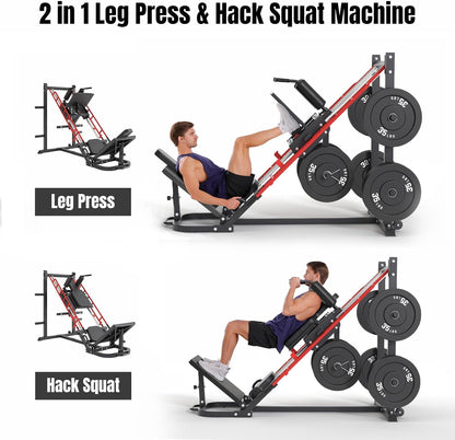 Leg Press Hack Squat Machine Combo for Home Gym, Adjustable Leg Press Machine for Full Lower Body Workout, Upgraded Leg Press with Transport Wheels and Weight Storage,Weight Plates Not Included