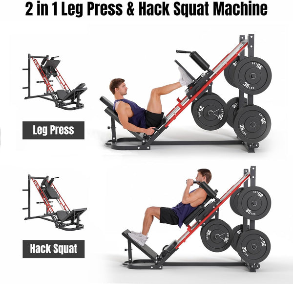 Leg Press Hack Squat Machine Combo for Home Gym, Adjustable Leg Press Machine for Full Lower Body Workout, Upgraded Leg Press with Transport Wheels and Weight Storage,Weight Plates Not Included