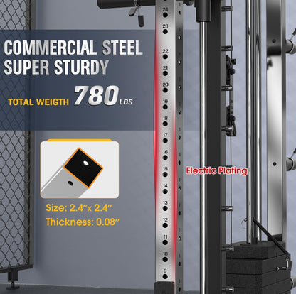 Smith Machine with Weight Stacks Home Gym System Dual Cable Crossover | Ratio 1:1 Dual Weight Stacks, Solid Smith Bar, Lat Pull down Bench, All in One Workout Station