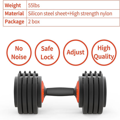 Adjustable Dumbbells Set,55Lb Dumbbell Pair,Fast Adjustment Weight Dumbbell by Turning Anti-Slip Handle,Strength Training Dumbbell with Tray Suitable for Men Women Full Body Exercise