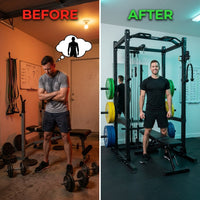 Power Rack Power Cage Multi-Function Squat Rack with Cable Crossover System Selectable More Training Attachment Power Rack for Garage & Home Gym — Before & After