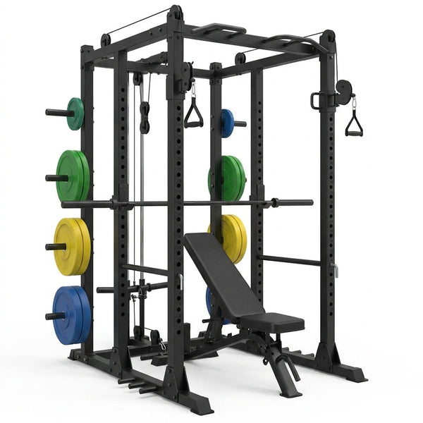 Power Rack Power Cage Multi-Function Squat Rack with Cable Crossover System Selectable More Training Attachment Power Rack for Garage & Home Gym — Studio Shot