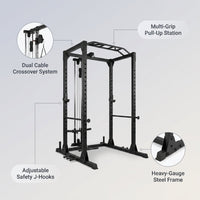 Power Rack Power Cage Multi-Function Squat Rack with Cable Crossover System Selectable More Training Attachment Power Rack for Garage & Home Gym — infographic