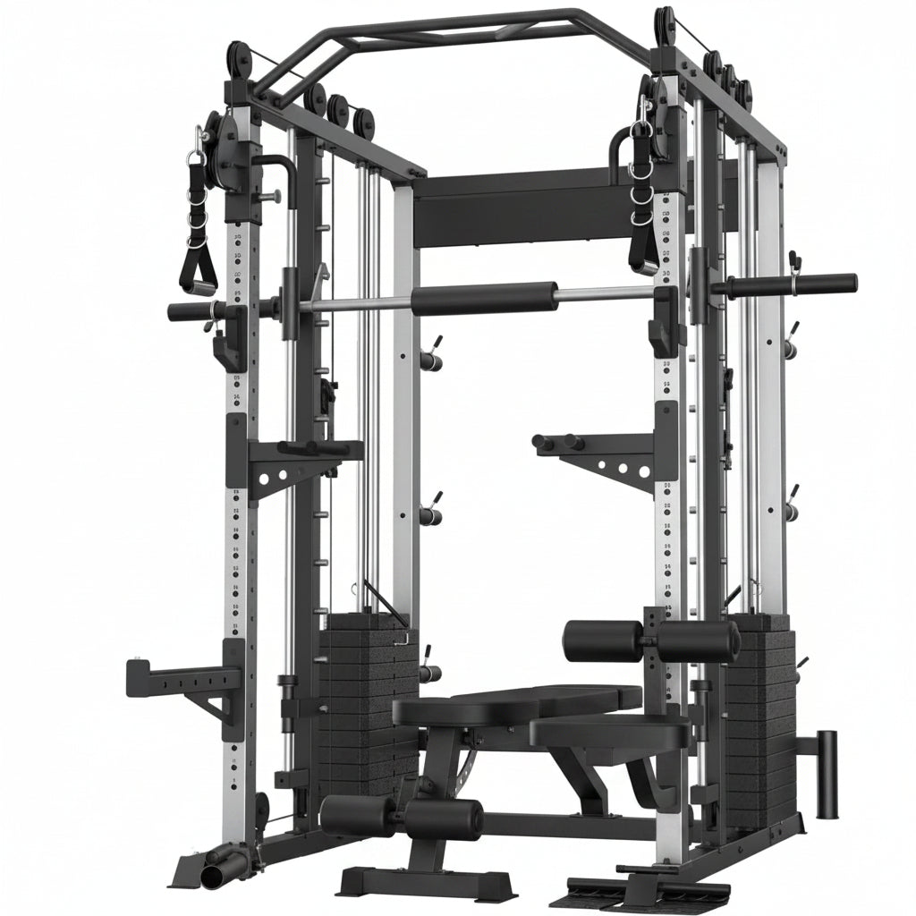 Smith Machine with Weight Stacks Home Gym System Dual Cable Crossover | Ratio 1:1 Dual Weight Stacks, Solid Smith Bar, Lat Pull down Bench, All in One Workout Station