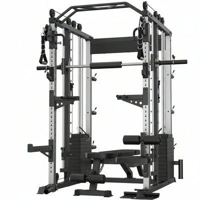 Smith Machine with Weight Stacks Home Gym System Dual Cable Crossover | Ratio 1:1 Dual Weight Stacks, Solid Smith Bar, Lat Pull down Bench, All in One Workout Station