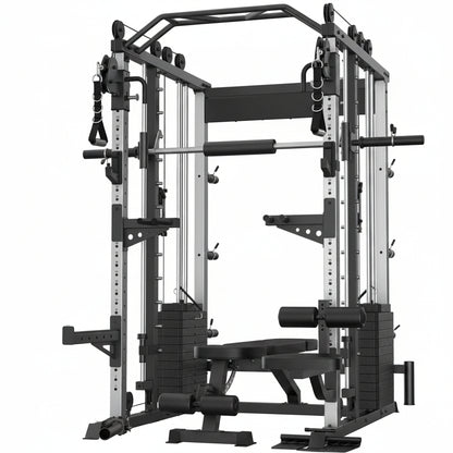 Smith Machine with Weight Stacks Home Gym System Dual Cable Crossover | Ratio 1:1 Dual Weight Stacks, Solid Smith Bar, Lat Pull down Bench, All in One Workout Station