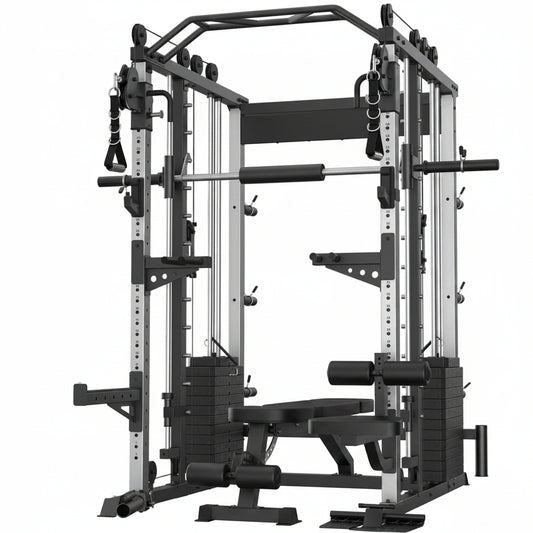 Smith Machine with Weight Stacks Home Gym System Dual Cable Crossover | Ratio 1:1 Dual Weight Stacks, Solid Smith Bar, Lat Pull down Bench, All in One Workout Station