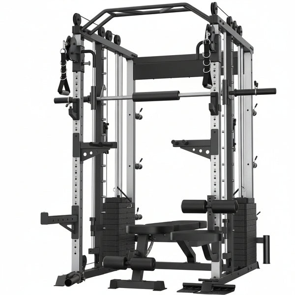 Smith Machine with Weight Stacks Home Gym System Dual Cable Crossover | Ratio 1:1 Dual Weight Stacks, Solid Smith Bar, Lat Pull down Bench, All in One Workout Station