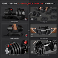 12-In-1 Quick Adjust Dumbbell Set for Home Gym, Set of 2, Black/Red
