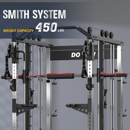 Smith Machine with Weight Stacks Home Gym System Dual Cable Crossover | Ratio 1:1 Dual Weight Stacks, Solid Smith Bar, Lat Pull down Bench, All in One Workout Station