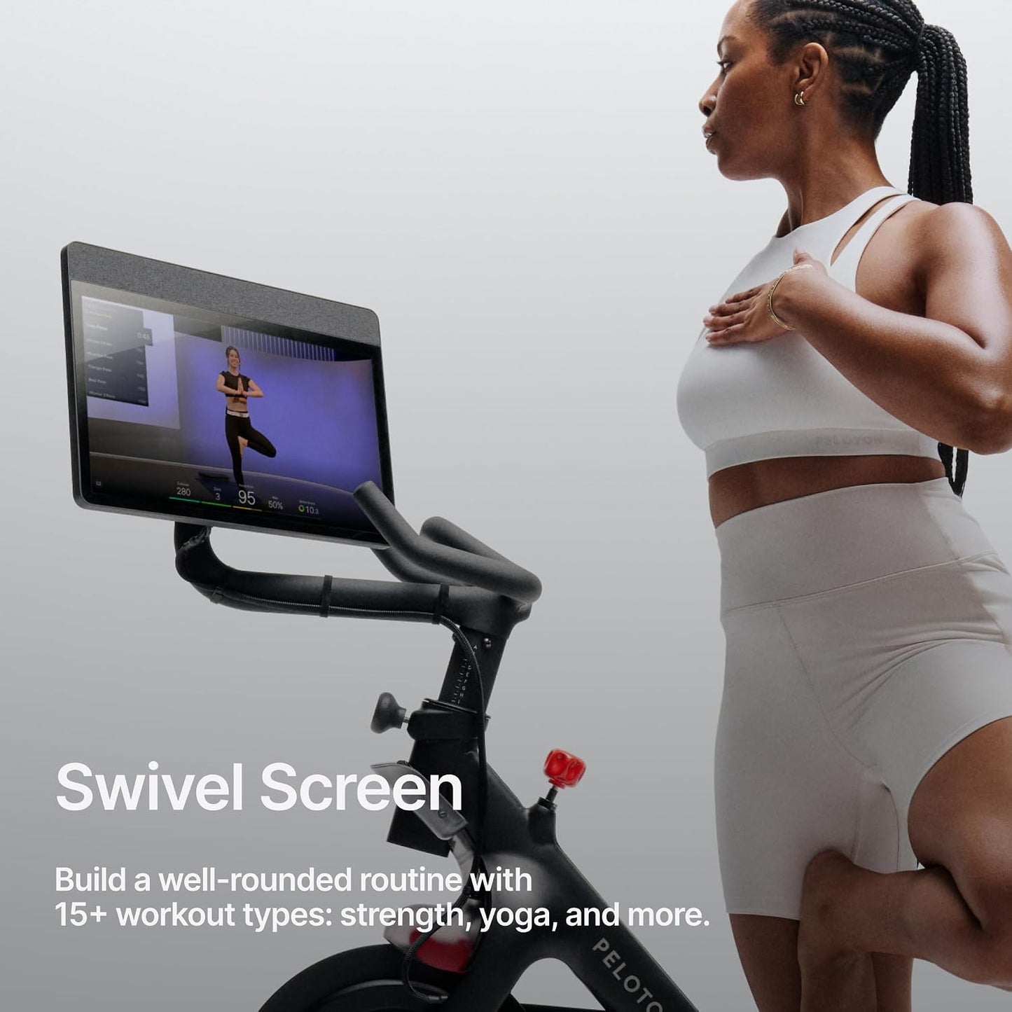 Peloton Exercise Bikes, Indoor Stationery Cross Training Bikes for Home Highlights: HD Swivel Screen, Space-Friendly Exercise Equipment for Home Workouts, Cardio Fitness, Yoga & Strength Routines