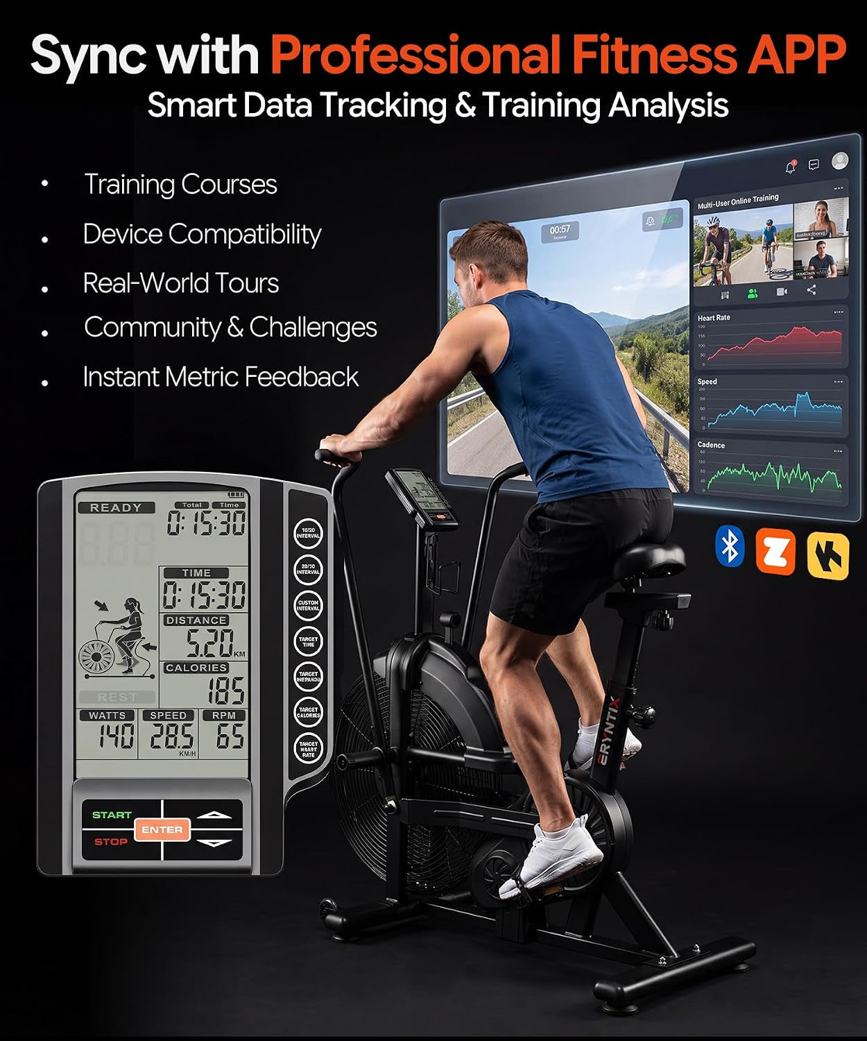 Dual Resistance Air Bike, Magnetic & Air Fan Bike with APP Connection, ISCC plus Certified Wind Bikes, Dual-Action Handlebars for Home Gym HIIT Cardio Full Body Workout (350LBS Capacity)