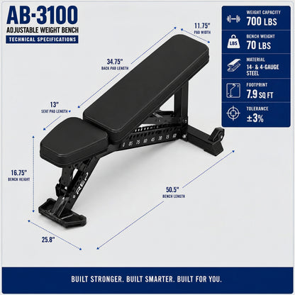 Adjustable Weight Bench | Home Gym Equipment | Foldable Workout Platform | Flat Incline Decline FID Design | Compact Strength Training Chair | Fitness Bench AB-3100